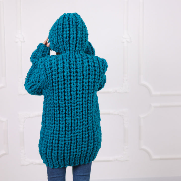 Hand Knitted Chunky Wool Cardigan, English Rib Texture, Zipped Front, Cozy Hooded Design, T2075