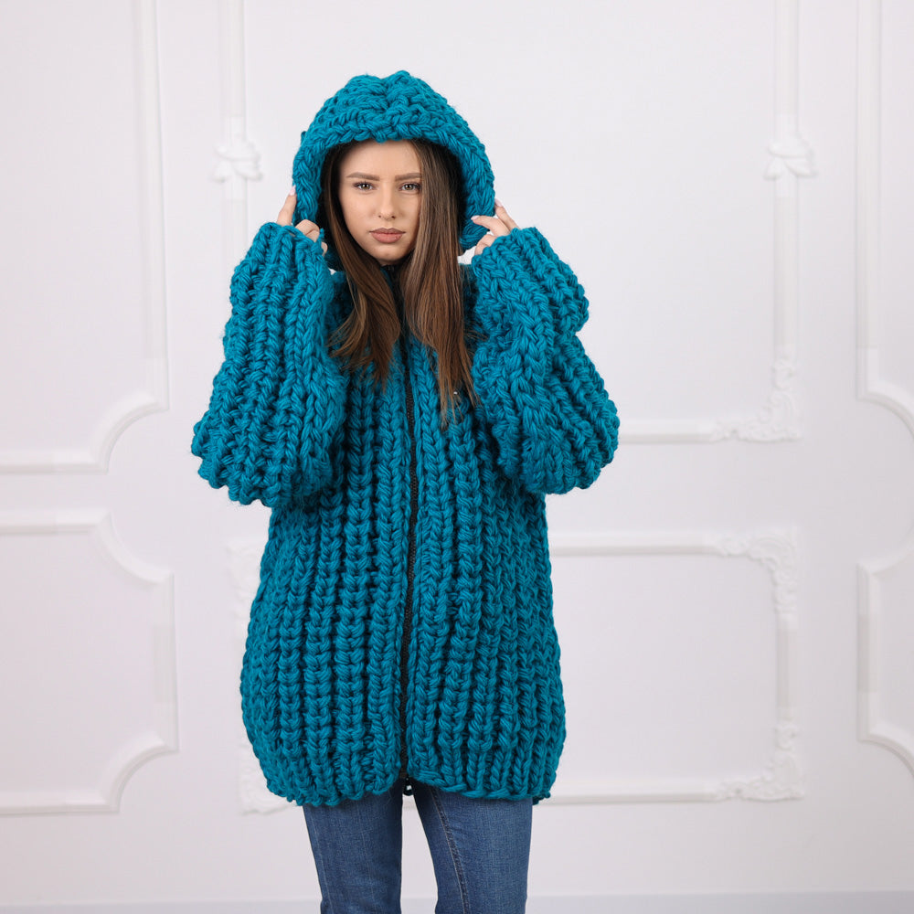 Hand Knitted Chunky Wool Cardigan, English Rib Texture, Zipped Front, Cozy Hooded Design, T2075