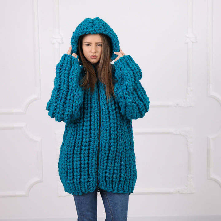 Hand Knitted Chunky Wool Cardigan, English Rib Texture, Zipped Front, Cozy Hooded Design, T2075