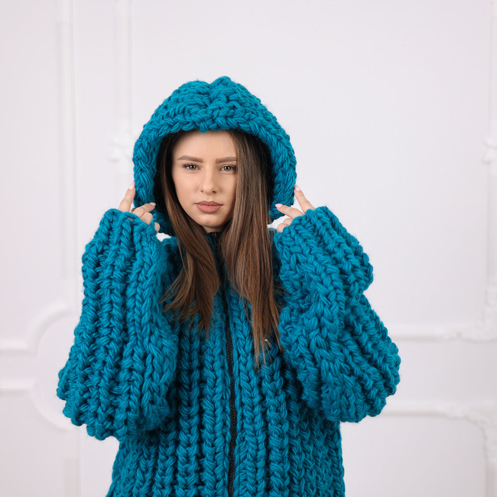 Hand Knitted Chunky Wool Cardigan, English Rib Texture, Zipped Front, Cozy Hooded Design, T2075