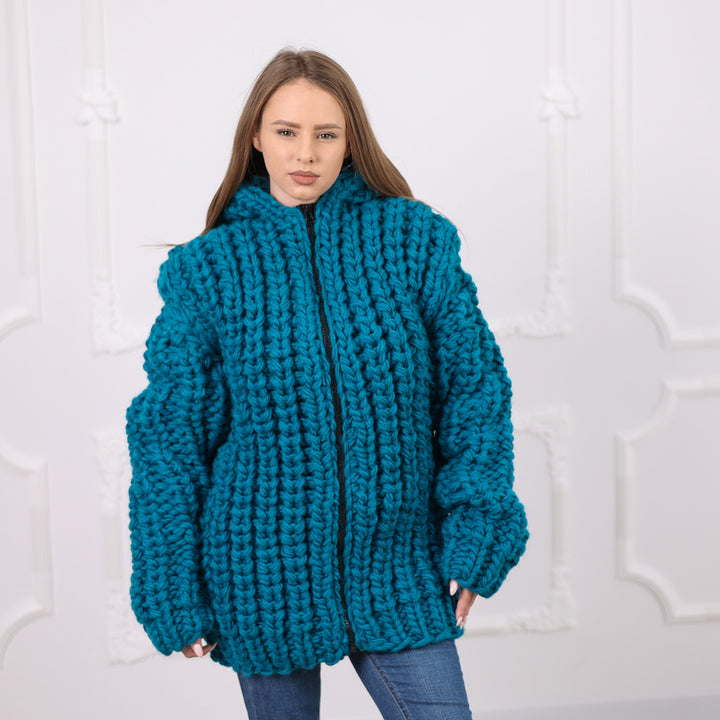 Hand Knitted Chunky Wool Cardigan, English Rib Texture, Zipped Front, Cozy Hooded Design, T2075