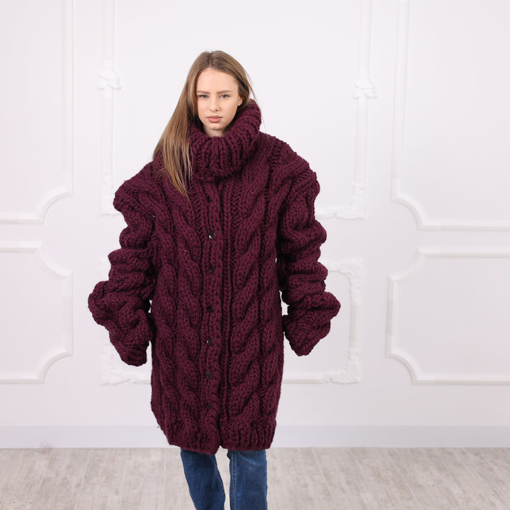 Hand Knitted Chunky Cable Wool Cardigan, Deep Aubergine Color, Heavy Winter Knit, T2074