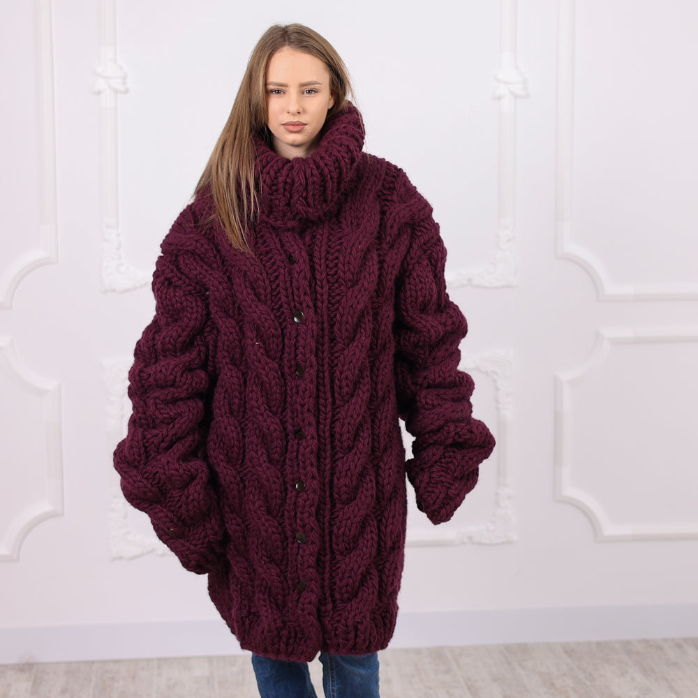 Hand Knitted Chunky Cable Wool Cardigan, Deep Aubergine Color, Heavy Winter Knit, T2074