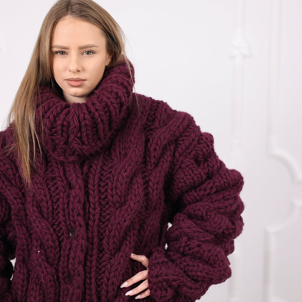 Hand Knitted Chunky Cable Wool Cardigan, Deep Aubergine Color, Heavy Winter Knit, T2074