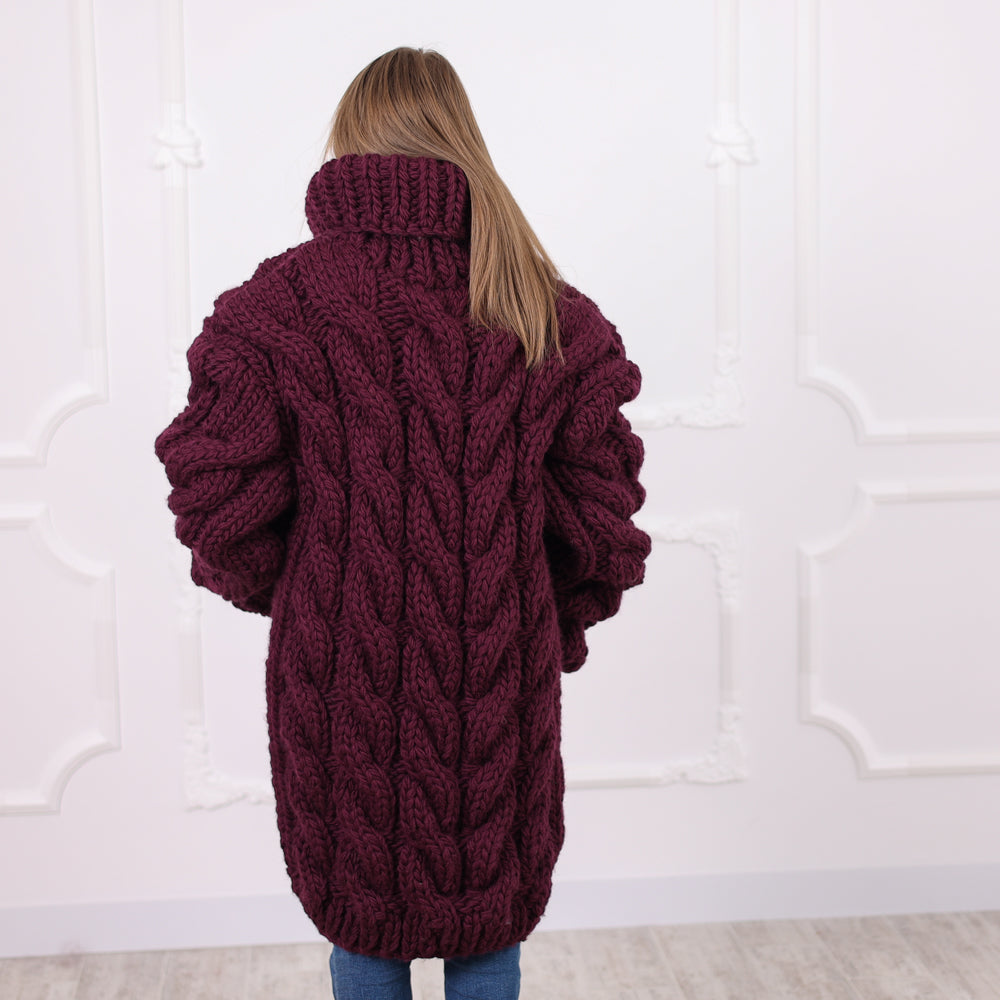 Hand Knitted Chunky Cable Wool Cardigan, Deep Aubergine Color, Heavy Winter Knit, T2074