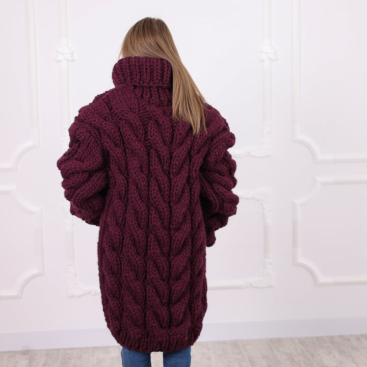 Hand Knitted Chunky Cable Wool Cardigan, Deep Aubergine Color, Heavy Winter Knit, T2074