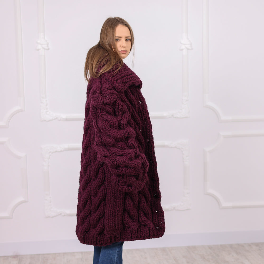 Hand Knitted Chunky Cable Wool Cardigan, Deep Aubergine Color, Heavy Winter Knit, T2074