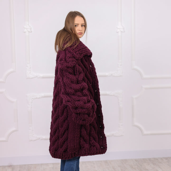 Hand Knitted Chunky Cable Wool Cardigan, Deep Aubergine Color, Heavy Winter Knit, T2074