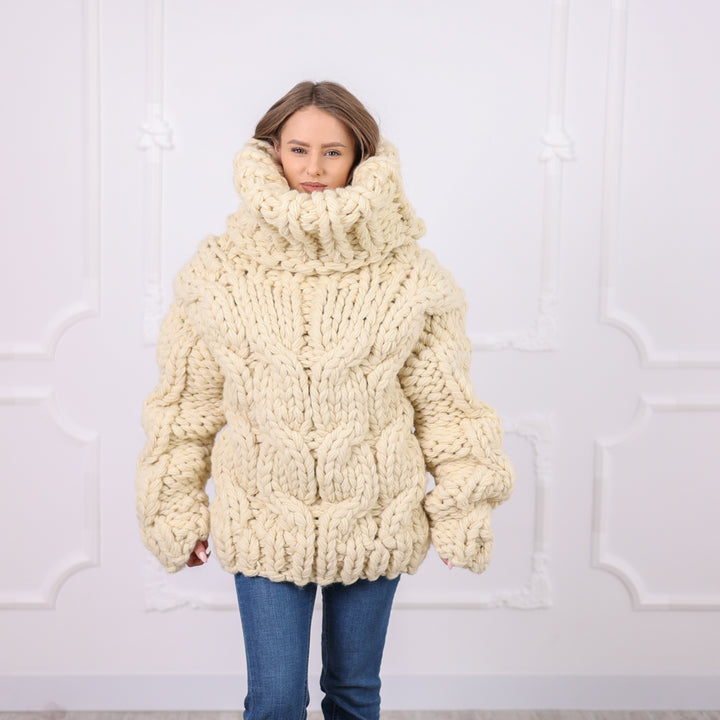 Chunky Wool Sweater with Extra Long Turtleneck, Hand Knitted, Oversized Cable Knit T2092