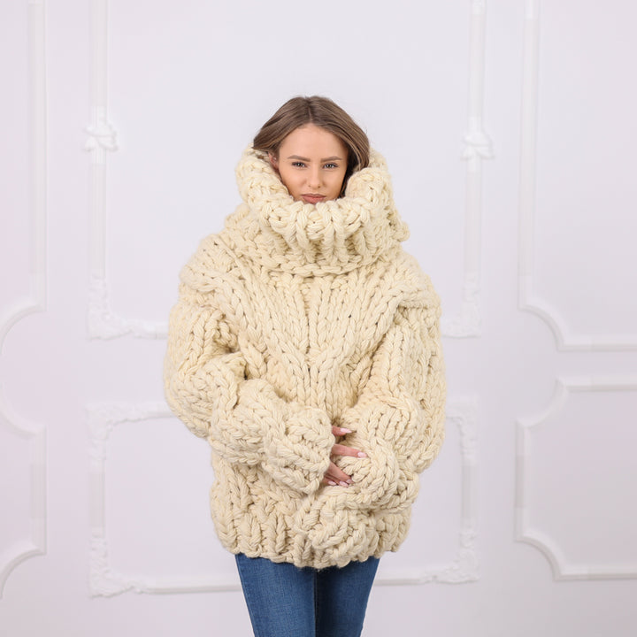 Chunky Wool Sweater with Extra Long Turtleneck, Hand Knitted, Oversized Cable Knit T2092