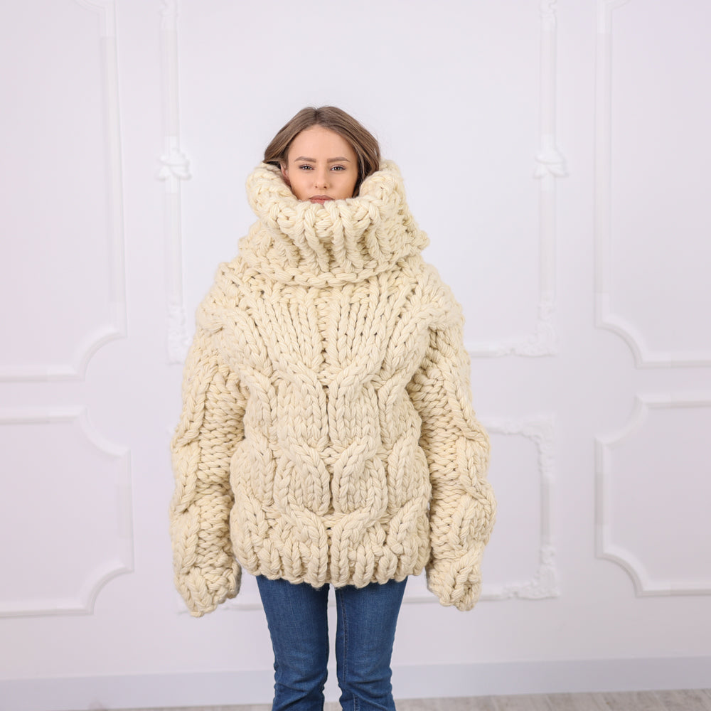 Chunky Wool Sweater with Extra Long Turtleneck, Hand Knitted, Oversized Cable Knit T2092