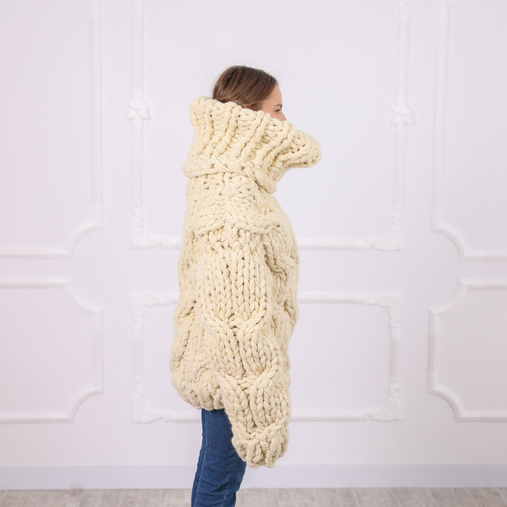 Chunky Wool Sweater with Extra Long Turtleneck, Hand Knitted, Oversized Cable Knit T2092