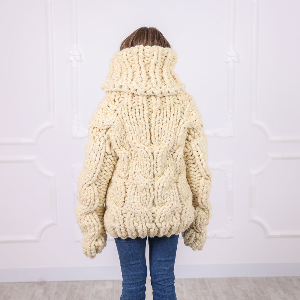 Chunky Wool Sweater with Extra Long Turtleneck, Hand Knitted, Oversized Cable Knit T2092