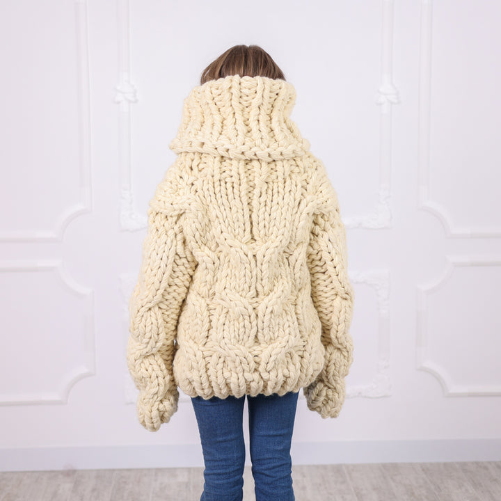 Chunky Wool Sweater with Extra Long Turtleneck, Hand Knitted, Oversized Cable Knit T2092