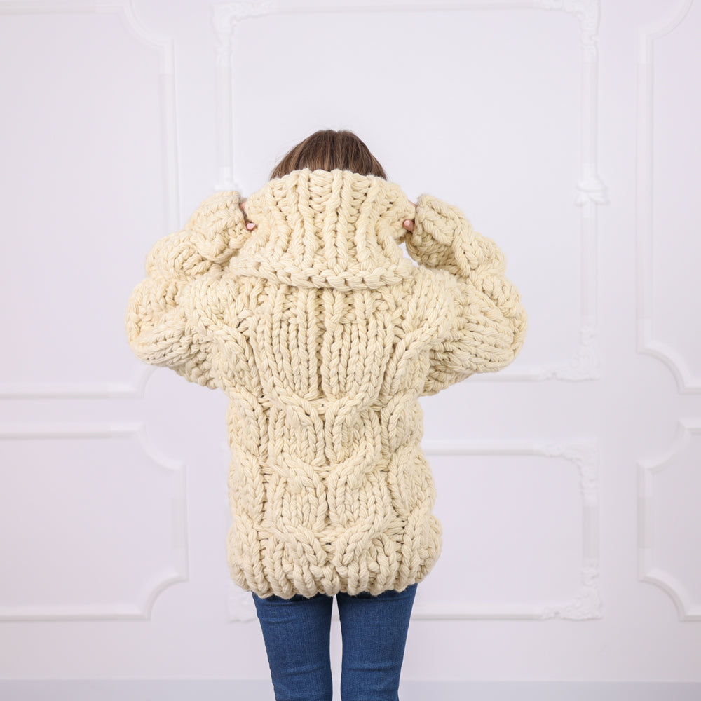Chunky Wool Sweater with Extra Long Turtleneck, Hand Knitted, Oversized Cable Knit T2092