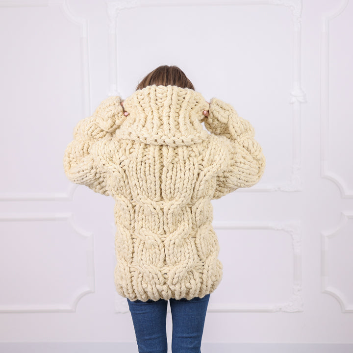 Chunky Wool Sweater with Extra Long Turtleneck, Hand Knitted, Oversized Cable Knit T2092