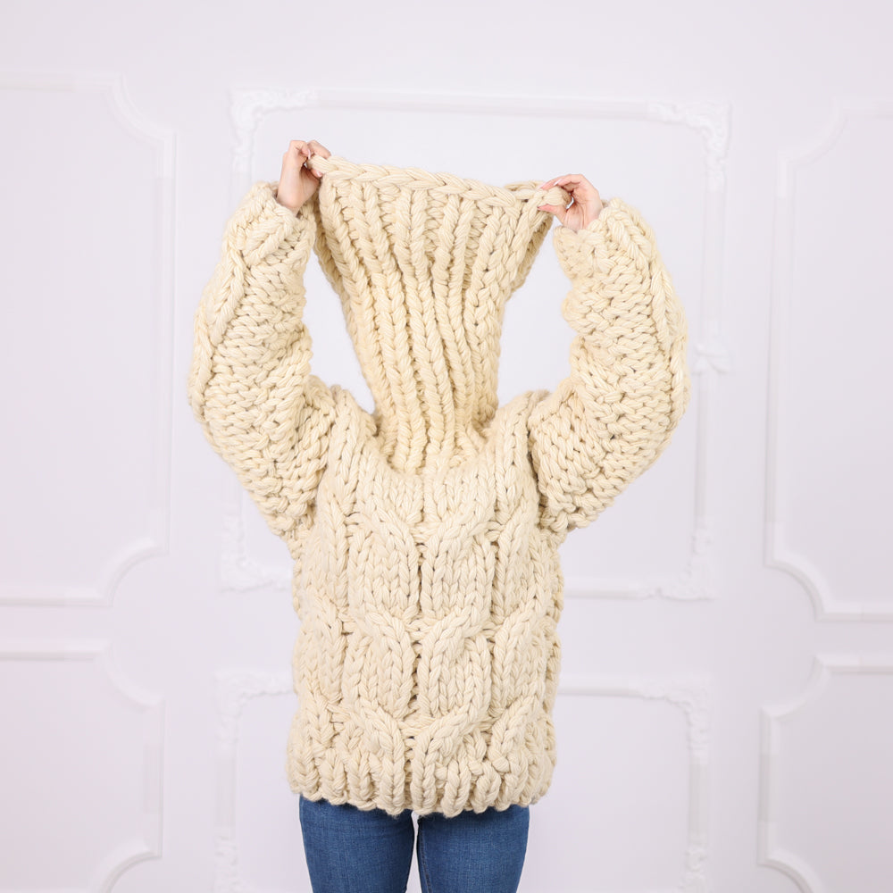 Chunky Wool Sweater with Extra Long Turtleneck, Hand Knitted, Oversized Cable Knit T2092