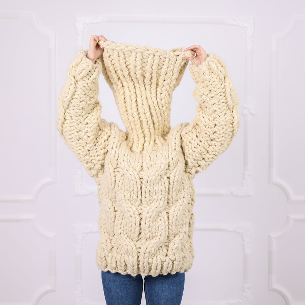 Chunky Wool Sweater with Extra Long Turtleneck, Hand Knitted, Oversized Cable Knit T2092