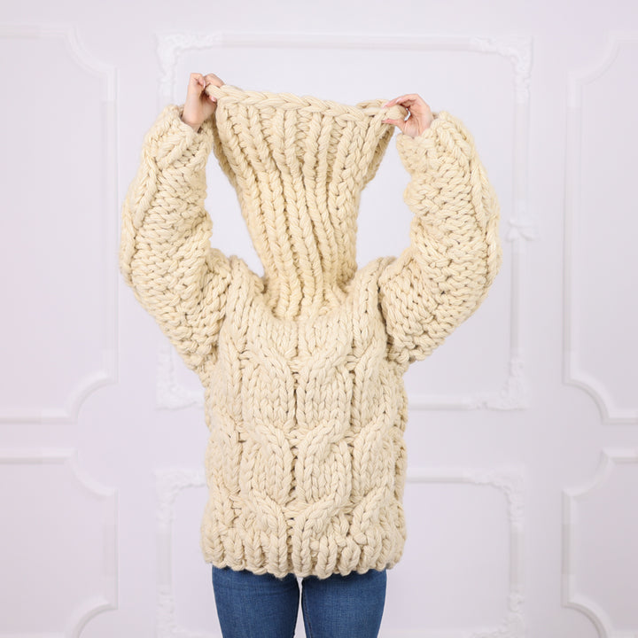 Chunky Wool Sweater with Extra Long Turtleneck, Hand Knitted, Oversized Cable Knit T2092