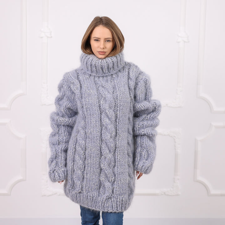 Gray Extra Chunky Cable Knit Turtleneck Sweater, 16 Strand Mohair Alpaca Blend  T2091