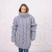 Grauer, extra grober Zopfstrick-Rollkragenpullover, 16-fädige Mohair-Alpaka-Mischung T2091