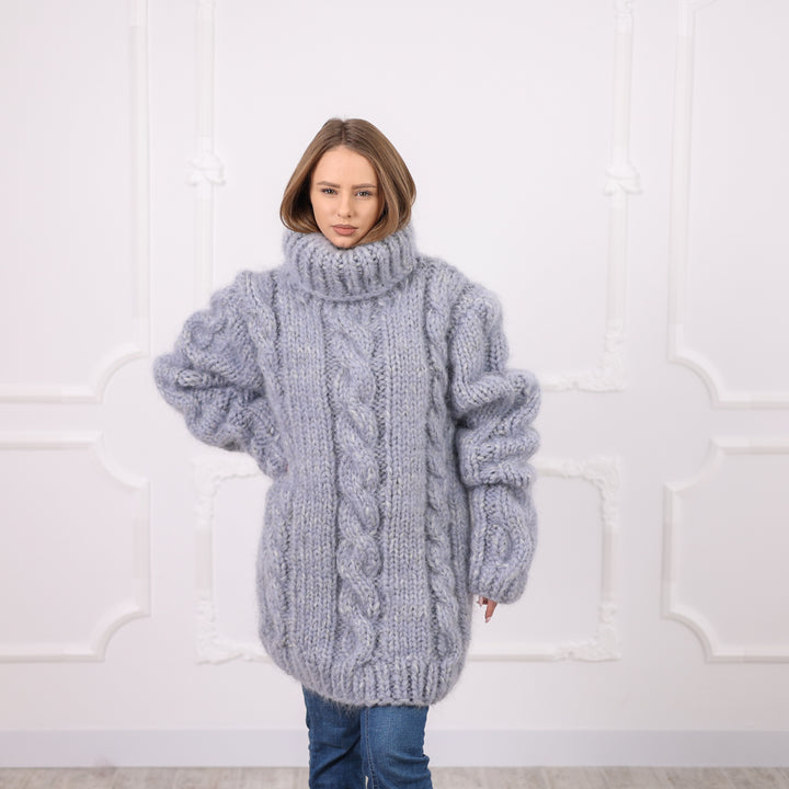 Gray Extra Chunky Cable Knit Turtleneck Sweater, 16 Strand Mohair Alpaca Blend  T2091