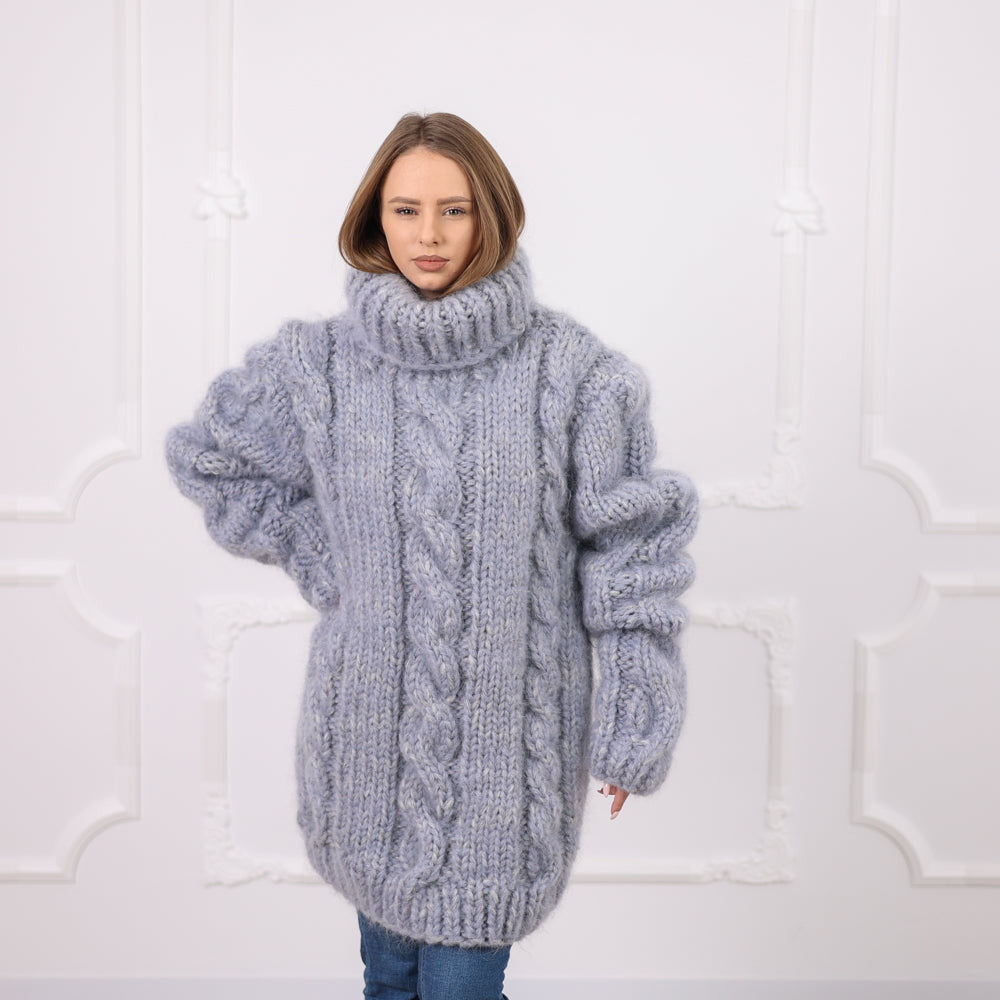 Gray Extra Chunky Cable Knit Turtleneck Sweater, 16 Strand Mohair Alpaca Blend  T2091