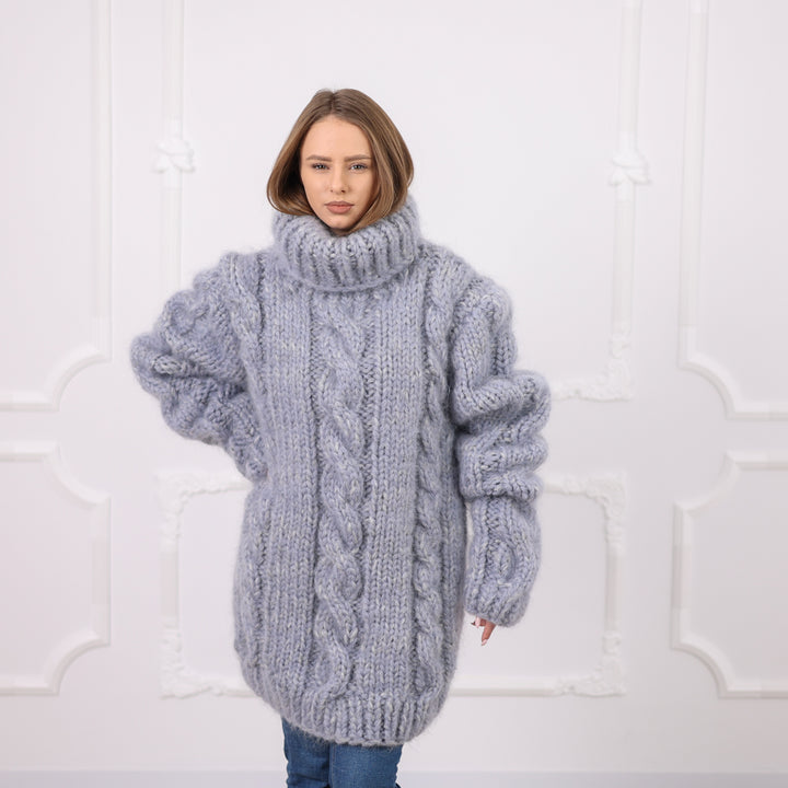 Gray Extra Chunky Cable Knit Turtleneck Sweater, 16 Strand Mohair Alpaca Blend  T2091