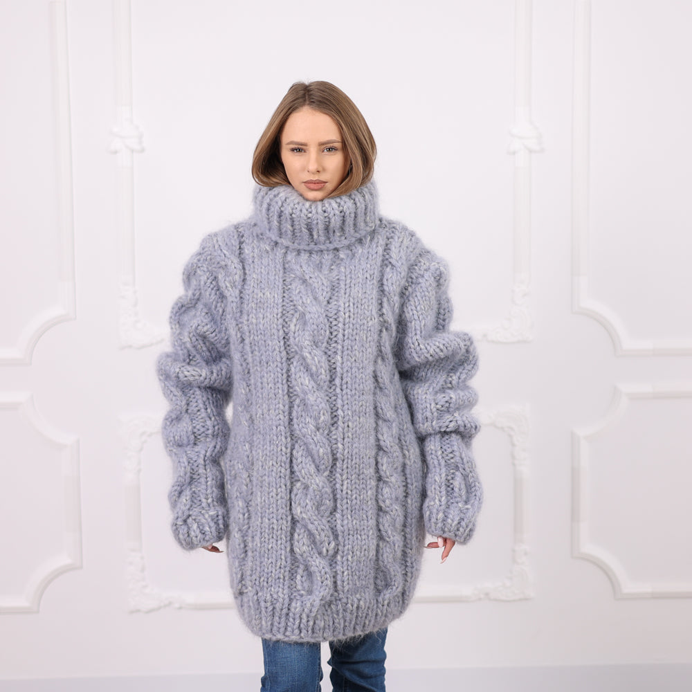 Gray Extra Chunky Cable Knit Turtleneck Sweater, 16 Strand Mohair Alpaca Blend  T2091