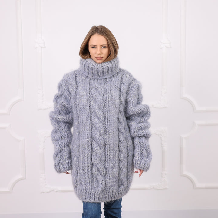 Gray Extra Chunky Cable Knit Turtleneck Sweater, 16 Strand Mohair Alpaca Blend  T2091