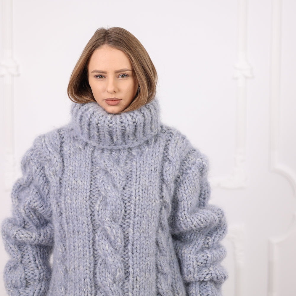 Gray Extra Chunky Cable Knit Turtleneck Sweater, 16 Strand Mohair Alpaca Blend  T2091