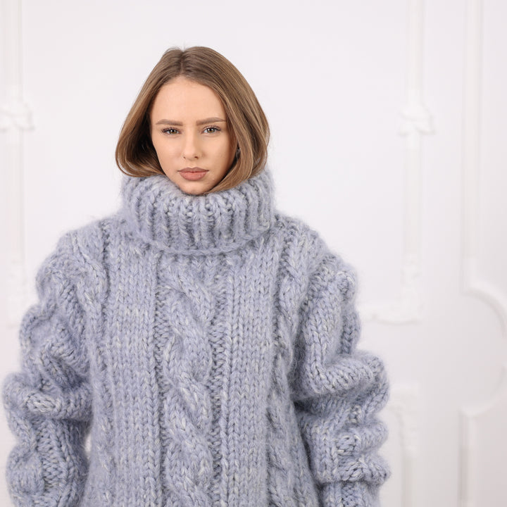 Gray Extra Chunky Cable Knit Turtleneck Sweater, 16 Strand Mohair Alpaca Blend  T2091