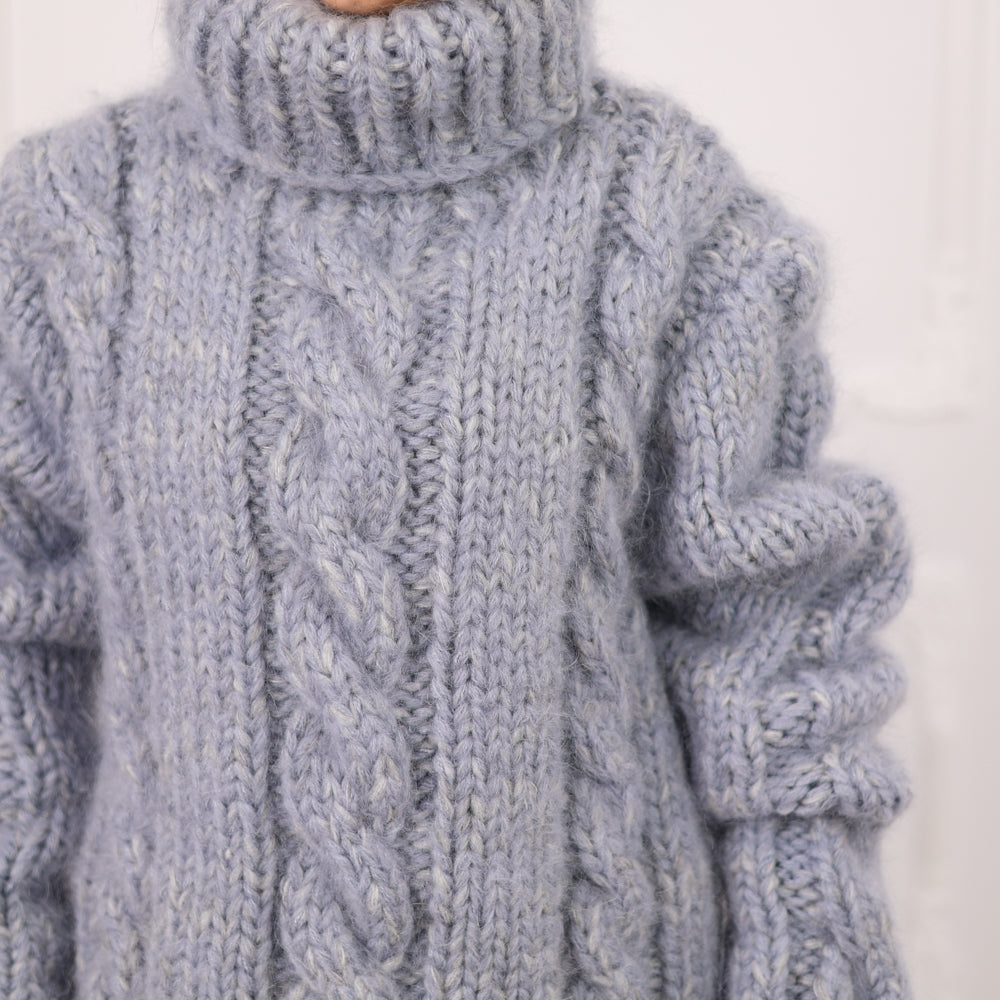 Gray Extra Chunky Cable Knit Turtleneck Sweater, 16 Strand Mohair Alpaca Blend  T2091
