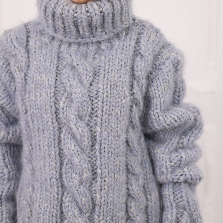 Gray Extra Chunky Cable Knit Turtleneck Sweater, 16 Strand Mohair Alpaca Blend  T2091