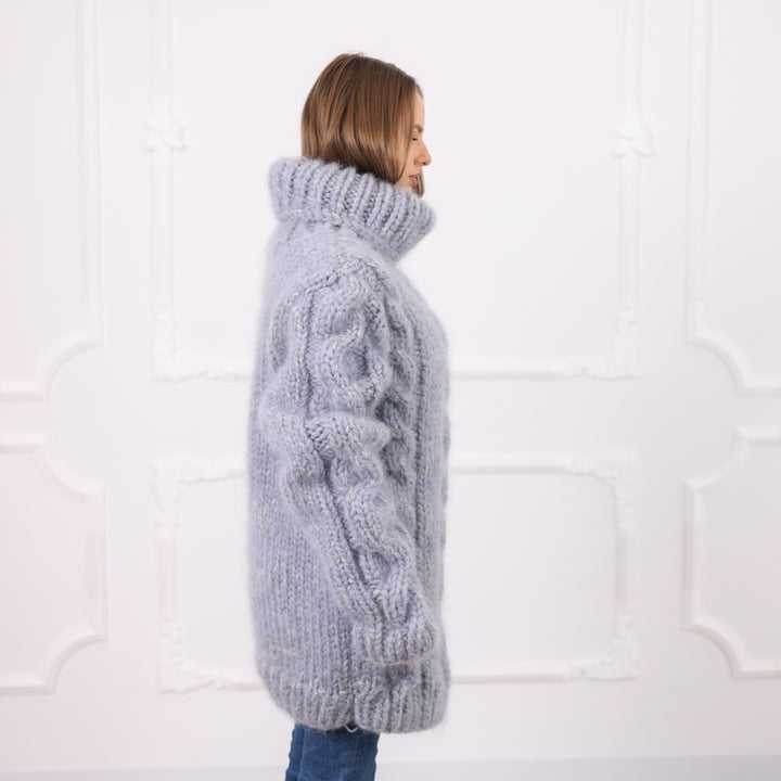 Gray Extra Chunky Cable Knit Turtleneck Sweater, 16 Strand Mohair Alpaca Blend  T2091