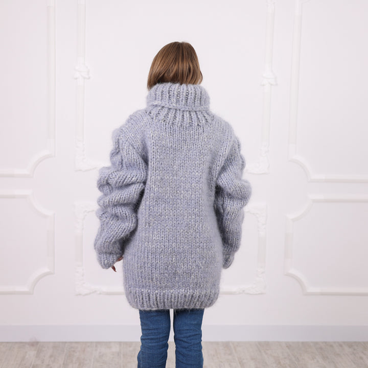 Gray Extra Chunky Cable Knit Turtleneck Sweater, 16 Strand Mohair Alpaca Blend  T2091
