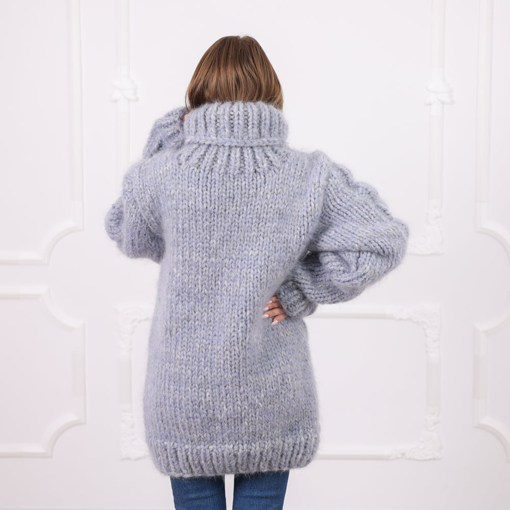 Gray Extra Chunky Cable Knit Turtleneck Sweater, 16 Strand Mohair Alpaca Blend  T2091