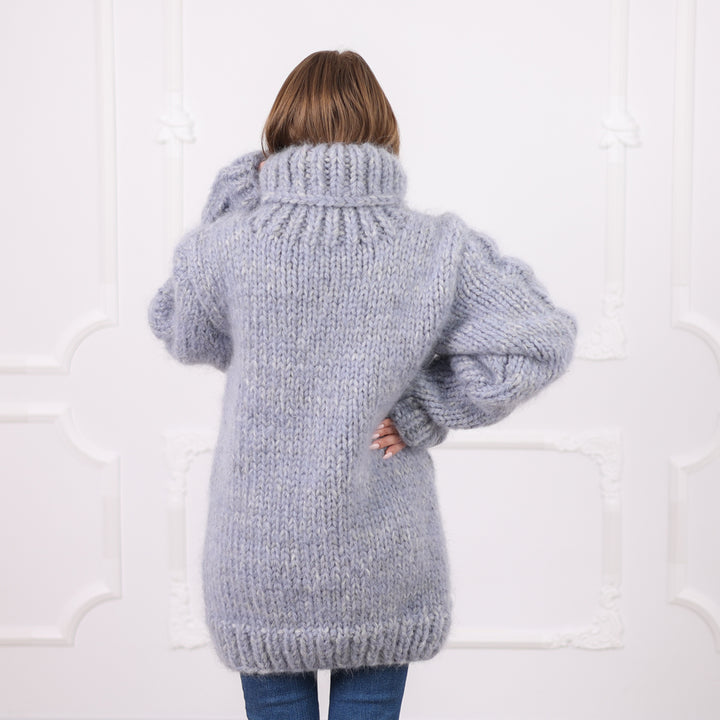 Gray Extra Chunky Cable Knit Turtleneck Sweater, 16 Strand Mohair Alpaca Blend  T2091