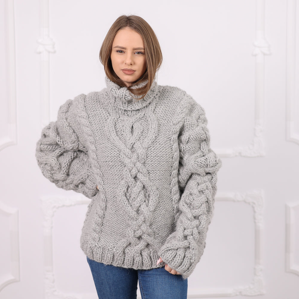 Gray Peruvian Alpaca Cable Knit Sweater, Very Chunky Heavy Hand-Knitted Turtleneck T2081