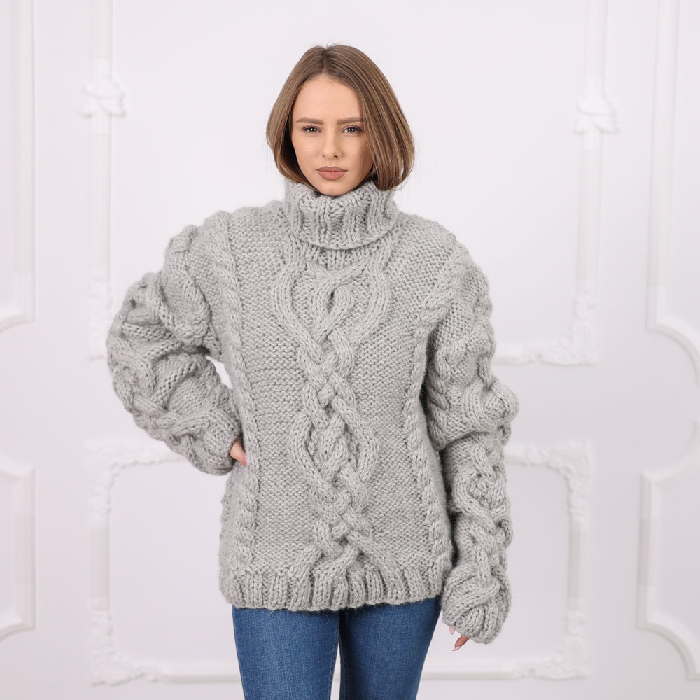 Gray Peruvian Alpaca Cable Knit Sweater, Very Chunky Heavy Hand-Knitted Turtleneck T2081