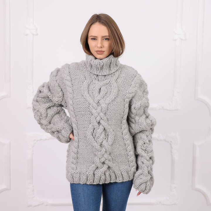 Gray Peruvian Alpaca Cable Knit Sweater, Very Chunky Heavy Hand-Knitted Turtleneck T2081