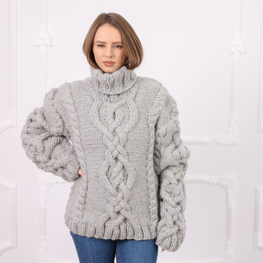 Gray Peruvian Alpaca Cable Knit Sweater, Very Chunky Heavy Hand-Knitted Turtleneck T2081