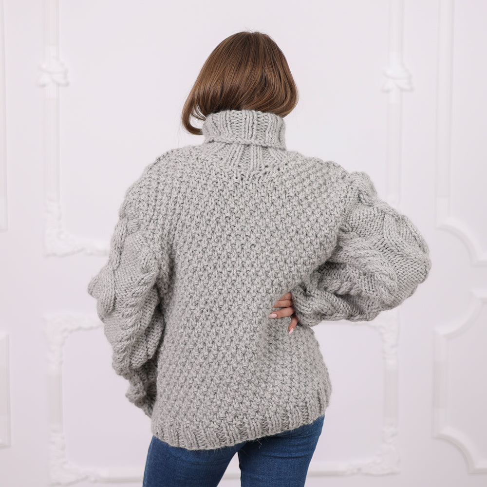 Gray Peruvian Alpaca Cable Knit Sweater, Very Chunky Heavy Hand-Knitted Turtleneck T2081