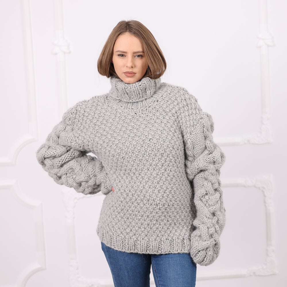 Gray Peruvian Alpaca Rice Stitch Sweater, Very Chunky Heavy Hand Knit Turtleneck T2082
