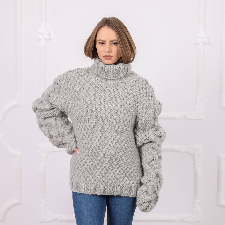 Gray Peruvian Alpaca Rice Stitch Sweater, Very Chunky Heavy Hand Knit Turtleneck T2082