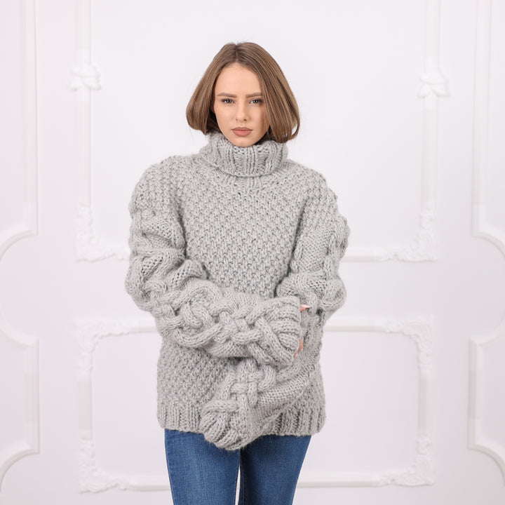 Gray Peruvian Alpaca Rice Stitch Sweater, Very Chunky Heavy Hand Knit Turtleneck T2082