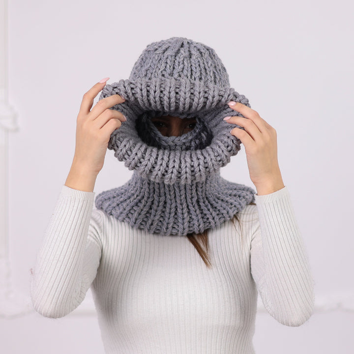 Gray Itchy Wool  Chunky Knit Balaclava with Eye Opening – Full Coverage Hooded Ski Hat T2087