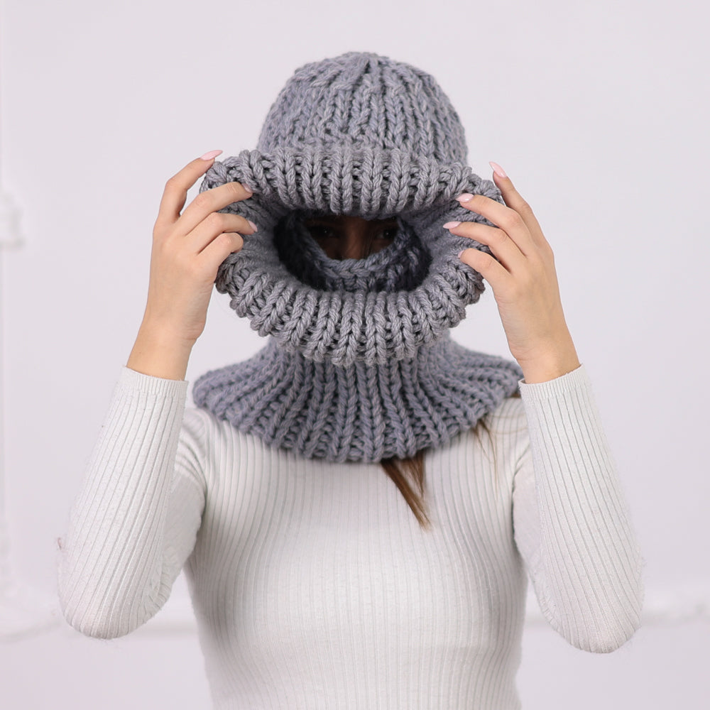 Gray Itchy Wool  Chunky Knit Balaclava with Eye Opening – Full Coverage Hooded Ski Hat T2087