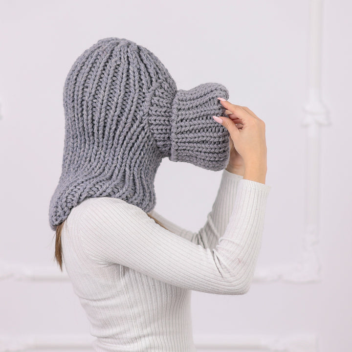 Gray Itchy Wool  Chunky Knit Balaclava with Eye Opening – Full Coverage Hooded Ski Hat T2087