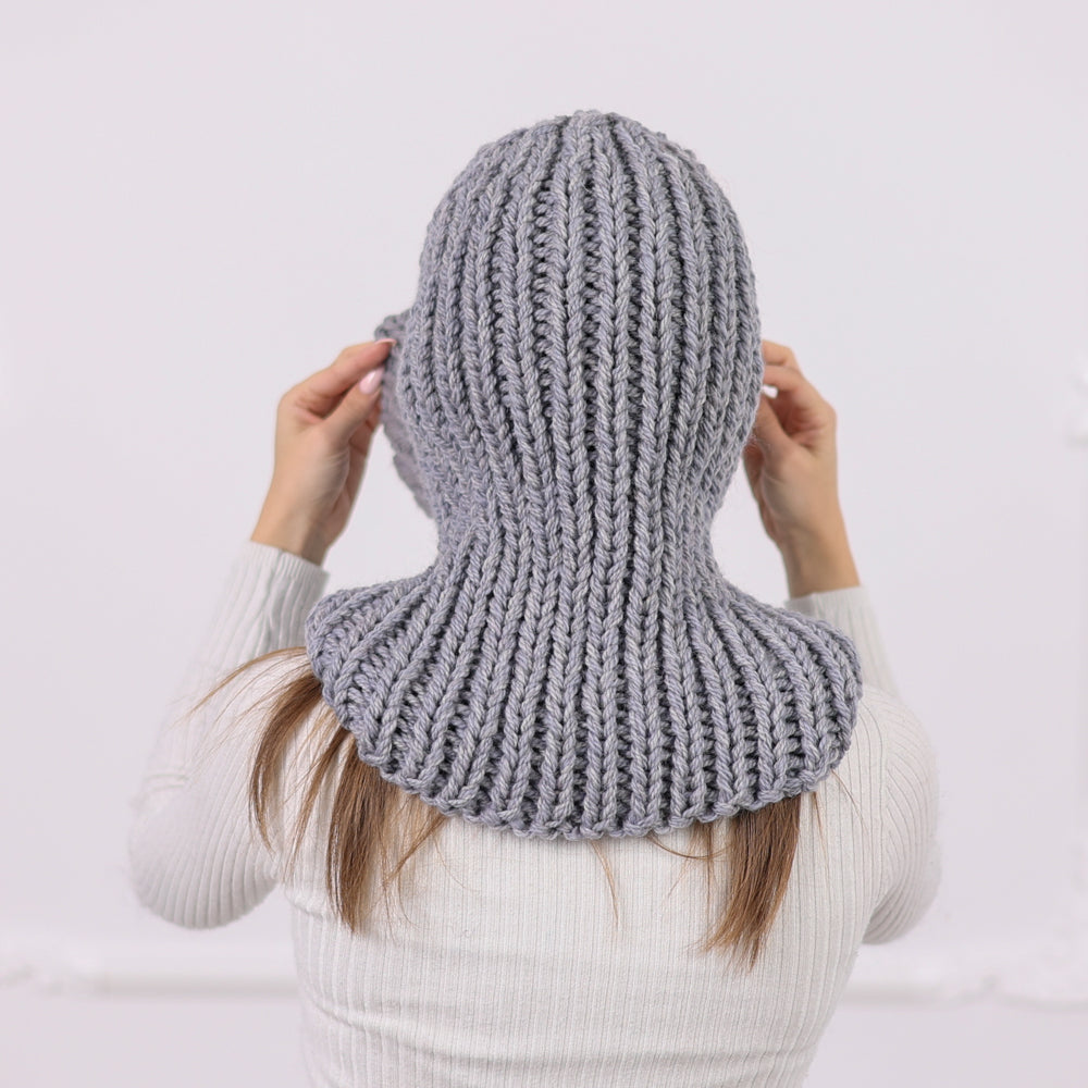 Gray Itchy Wool  Chunky Knit Balaclava with Eye Opening – Full Coverage Hooded Ski Hat T2087